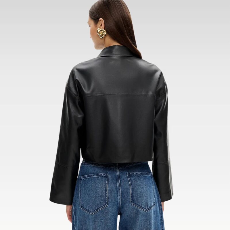 Rear view of cropped leather-look jacket showing relaxed fit and drop shoulder design