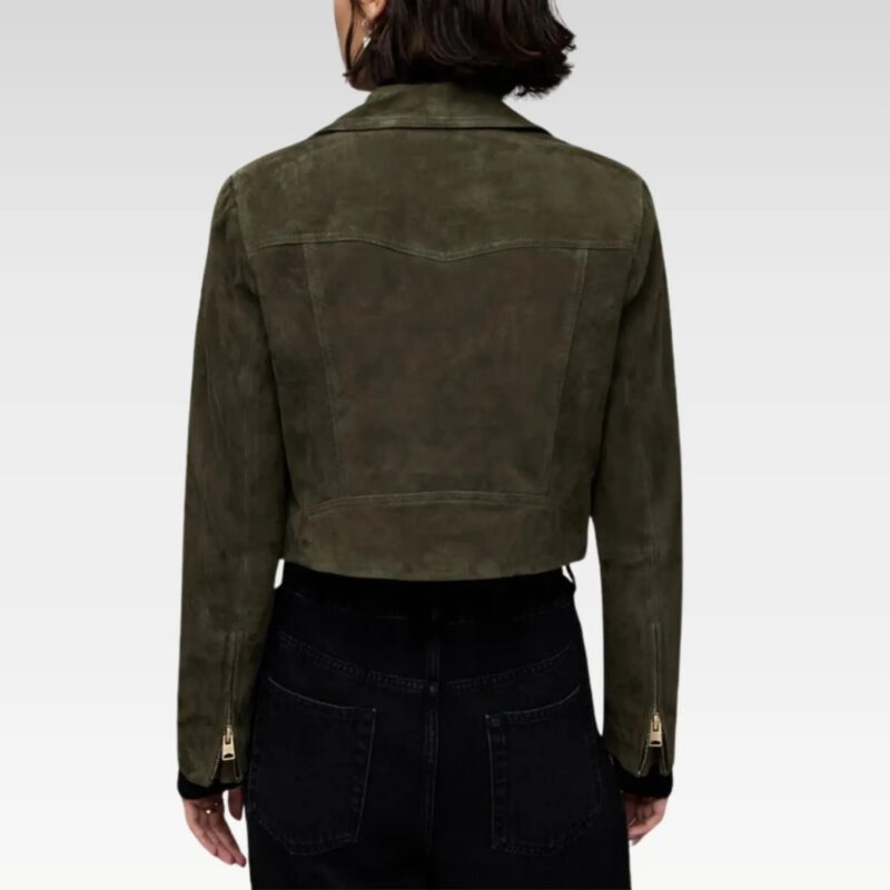 Back view of the Beyza olive green suede biker leather jacket, showcasing its premium suede material and stylish notch collar design, perfect for an edgy and sophisticated look.