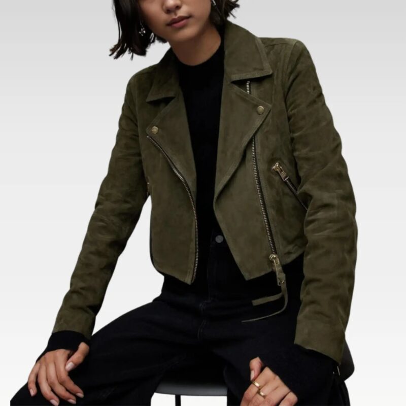 Standing pose of the Beyza olive green suede biker leather jacket, emphasizing its timeless biker details, inner pockets, and comfortable quilted viscose lining for everyday wear.