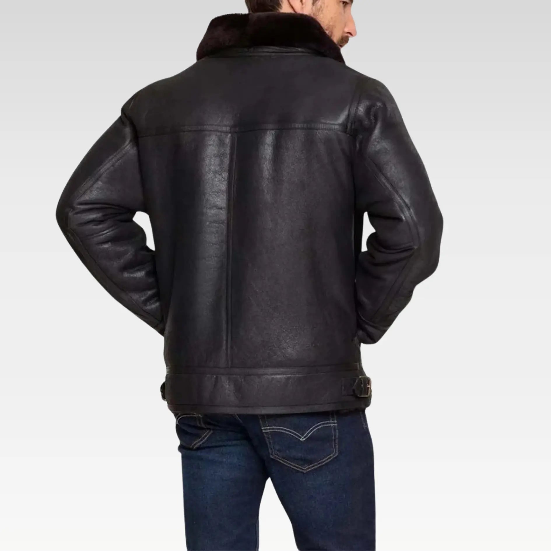 Black Bomber Fur Leather Jacket For Men - Image 3