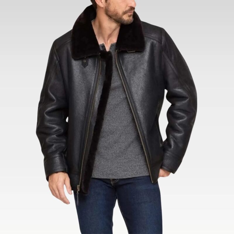 Black Bomber Fur Leather Jacket For Men