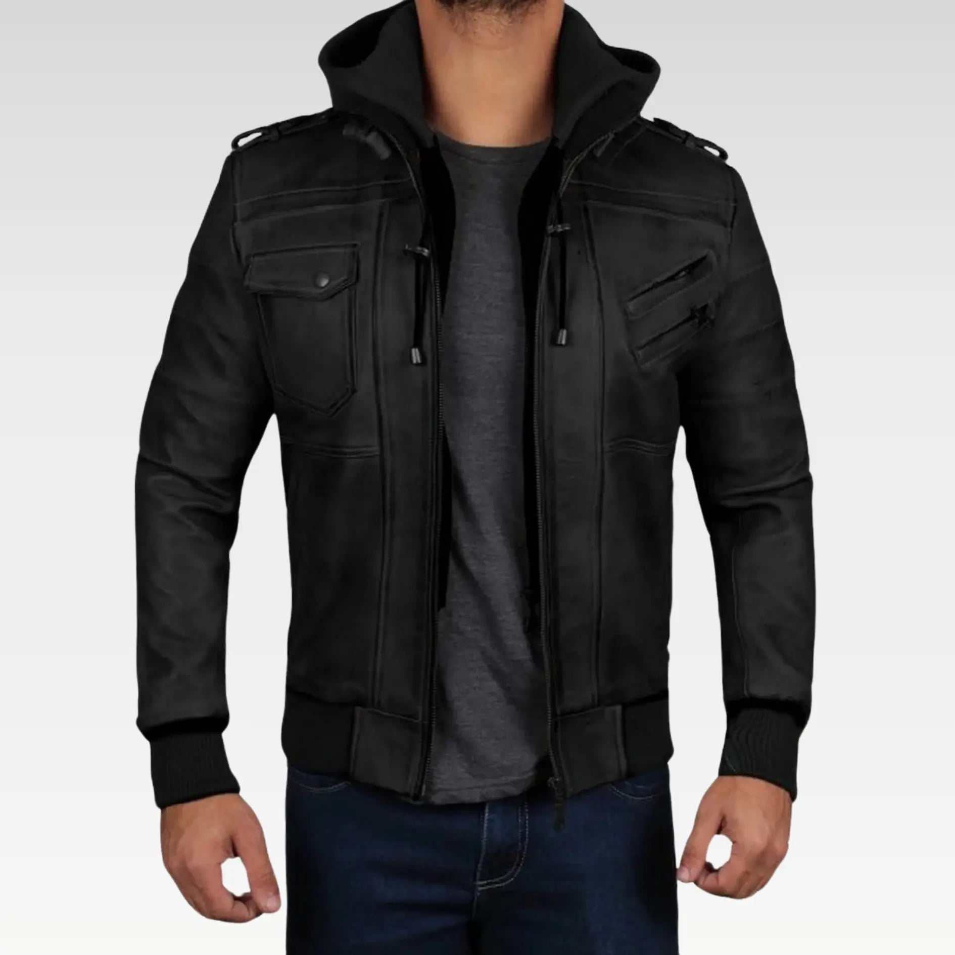 Black Hooded Leather Jacket - Image 2