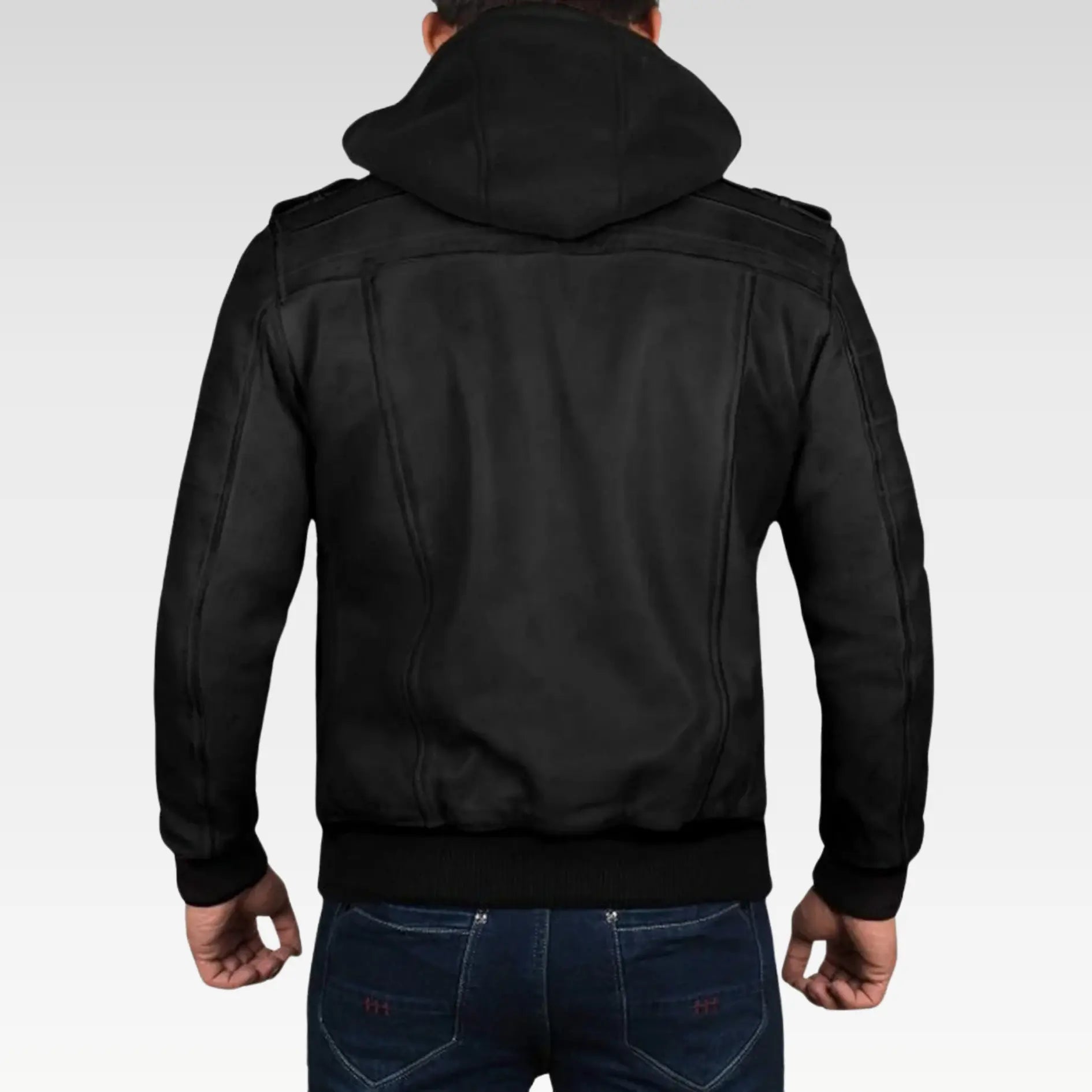 Black Hooded Leather Jacket - Image 3