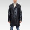 Close-up of a Black Axel Leather Coat highlighting its belted sleeves, adding a biker-inspired touch to the 100% genuine leather design.