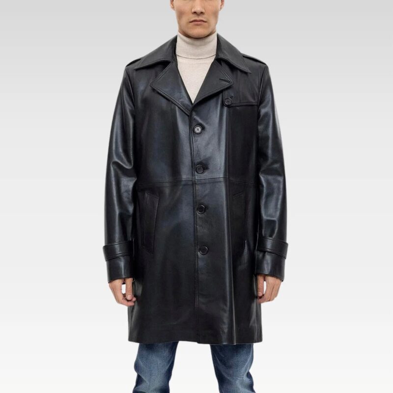 Close-up of a Black Axel Leather Coat highlighting its belted sleeves, adding a biker-inspired touch to the 100% genuine leather design.