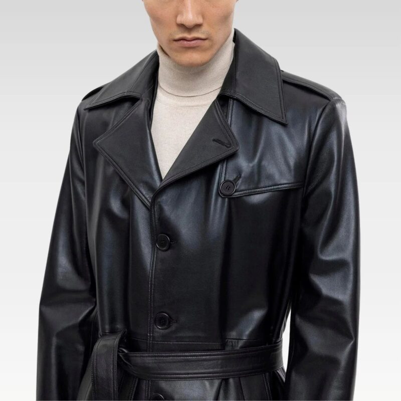 Front view of a Black Axel Leather Coat featuring a classic button closure, premium leather craftsmanship, and tailored fit for versatile style.