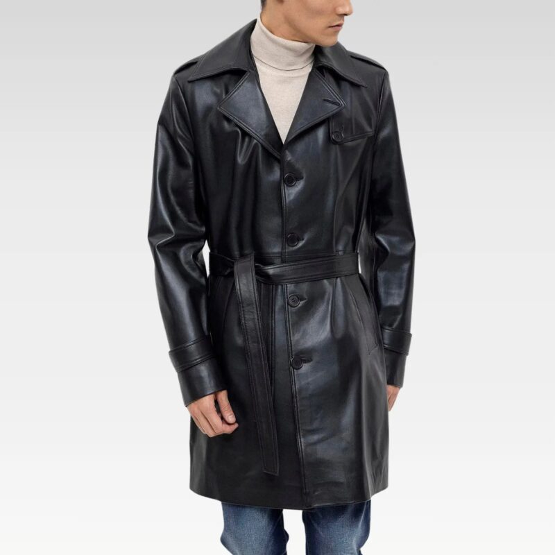 Side profile of a Black Axel Leather Coat, displaying functional double front pockets and a flattering shape made from premium genuine leather.