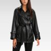 Front pose of a black belted leather jacket with buttoned pockets and sleeve tab accents, crafted from genuine sheep leather.