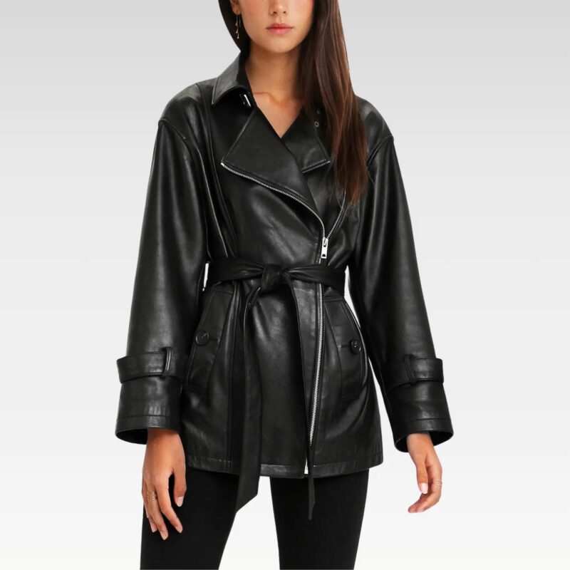Front pose of a black belted leather jacket with buttoned pockets and sleeve tab accents, crafted from genuine sheep leather.