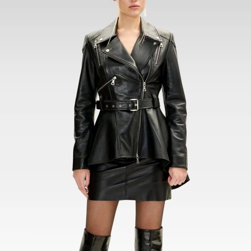 Black lambskin leather peplum jacket front pose highlighting tailored fit and silver zipper details, perfect for a chic hourglass silhouette with feminine flair.