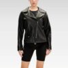 Black lambskin leather biker jacket with adjustable side strings, zippered cuffs, and authentic biker styling for effortless edge