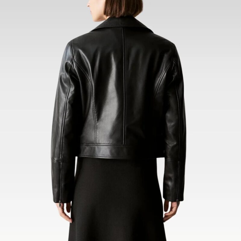 Back view of black leather biker jacket showing smooth premium leather finish and tailored silhouette.