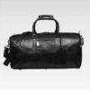 Black Apex Genuine Leather Duffel Bag with 45L capacity, full-grain leather build, front zip pocket, sturdy handles, and detachable shoulder strap.