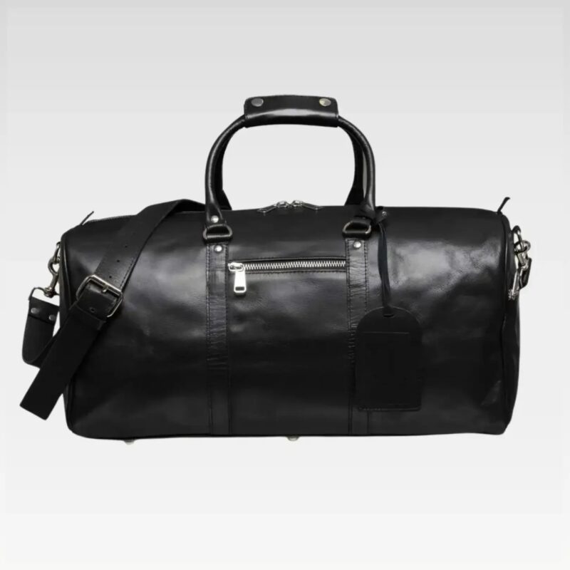 Black Apex Genuine Leather Duffel Bag with 45L capacity, full-grain leather build, front zip pocket, sturdy handles, and detachable shoulder strap.
