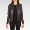 Bliss Maroon Leather Bomber Jacket front zipper detail, showcasing the smart closure design and two outer pockets on this premium leather jacket with a retro varsity vibe.