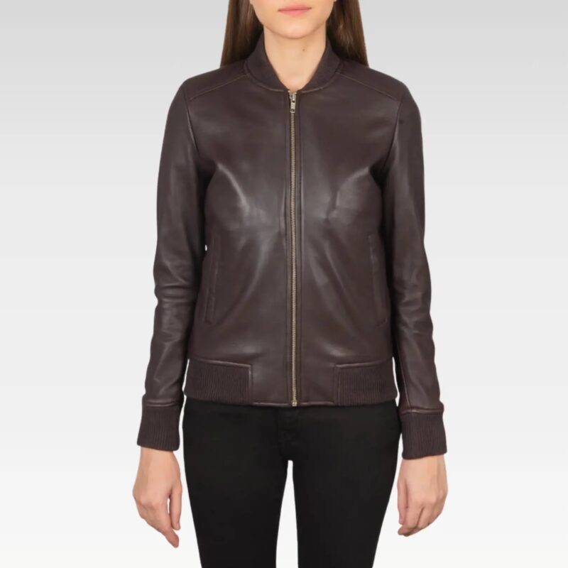 Bliss Maroon Leather Bomber Jacket full front view, made from luxurious sheepskin leather with a quilted lining, ideal for pairing with jeans and boots for a bold street-smart look.