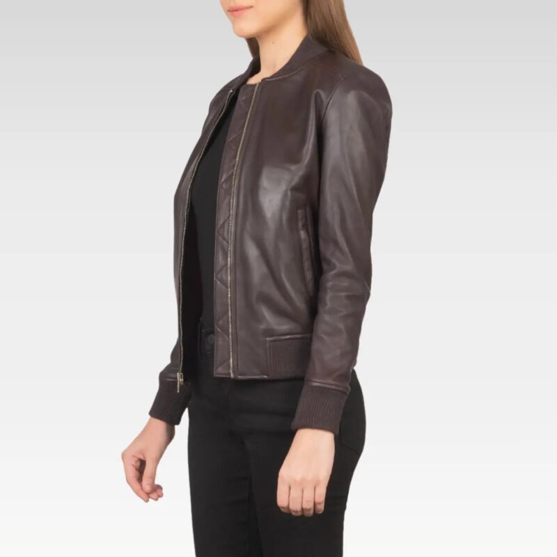 Bliss Maroon Leather Bomber Jacket side profile, featuring genuine sheepskin leather and a front zipper with wind flap, perfect for everyday utility and weather protection.