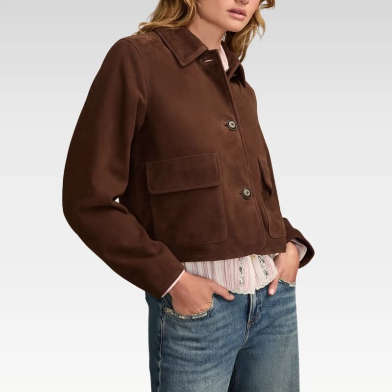 Front pose of a stylish boxy-crop suede jacket in brown, showcasing its flattering fit and flap patch pockets, perfect for everyday wear with high-rise bottoms.
