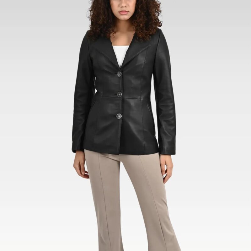 A stylish front view of a Brienne Casual Women's Black Leather Blazer, crafted from premium 100% genuine leather, featuring a classic lapel collar and sleek button-up front, perfect for professional and casual wear.