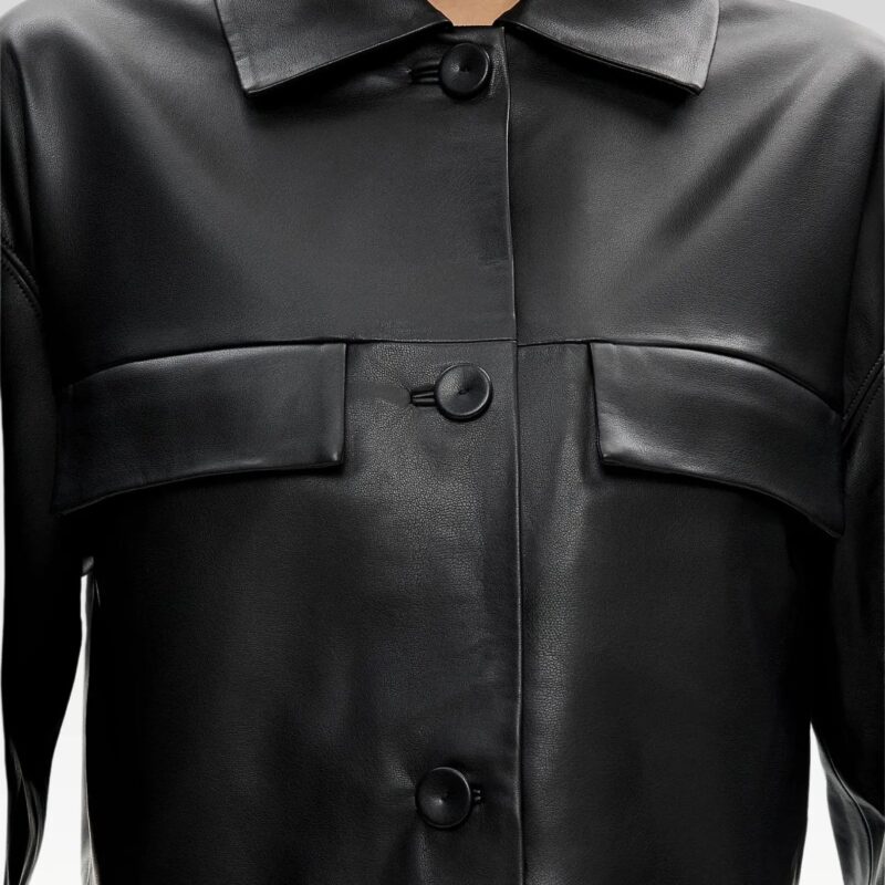 Close-up of leather-look crop jacket highlighting self-covered buttons and flap pocket details