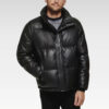 Front view of the Core Black Leather Puffer Jacket highlighting sleek design, YKK zipper closure, and soft quilted leather finish.