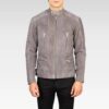 Front view of the Damian grey suede biker jacket closed, highlighting its soft matte finish and authentic biker details like the snap-button band collar.