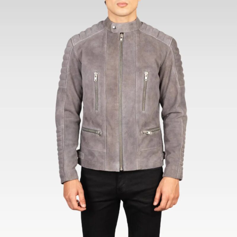 Front view of the Damian grey suede biker jacket closed, highlighting its soft matte finish and authentic biker details like the snap-button band collar.