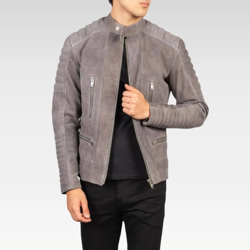 Front open view of the Damian grey suede biker jacket, displaying the quilted polyester lining and versatile design for all-season wear