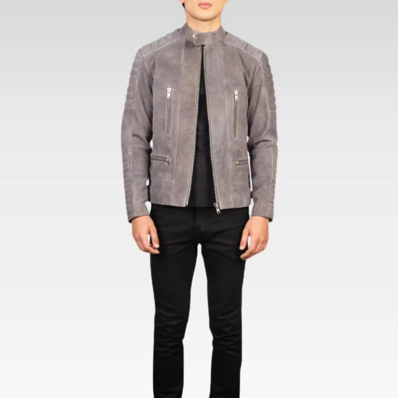 Front view of the Damian grey suede biker jacket with zipper detail, showcasing the four exterior zip pockets and waist straps for a refined biker edge.