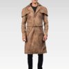 Full-length view 2 of Deux black leather duster coat with button-and-belt closure and open hem cuffs.