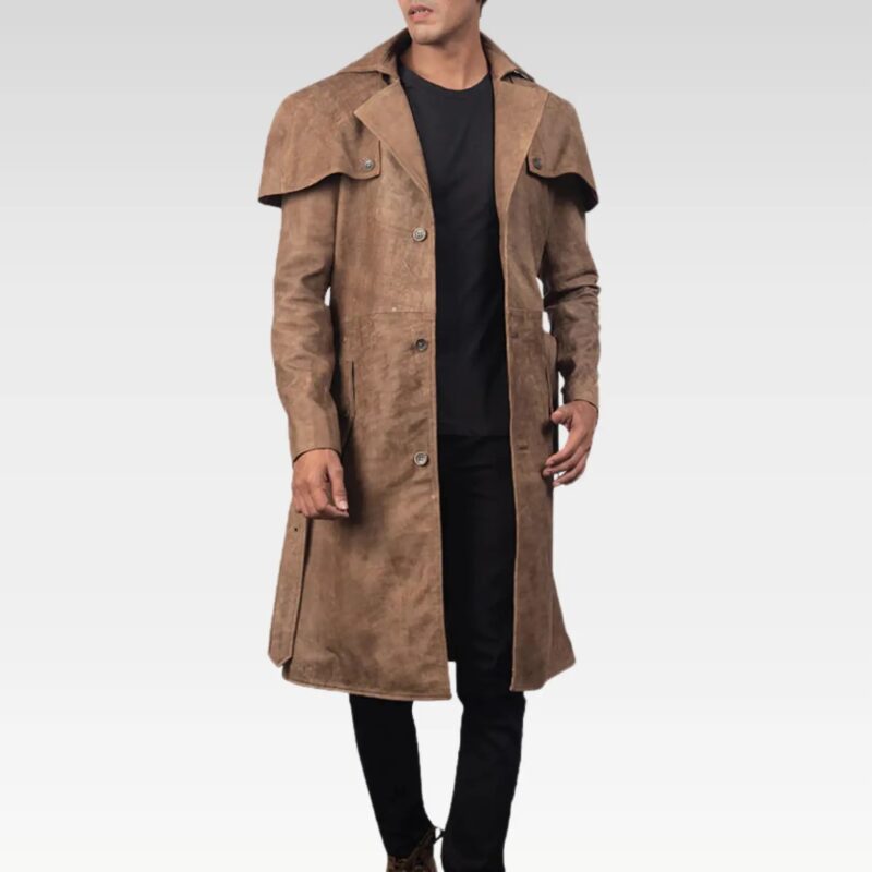 Rear angled view of Deux brown suede duster coat showcasing tailored design and classic cut.