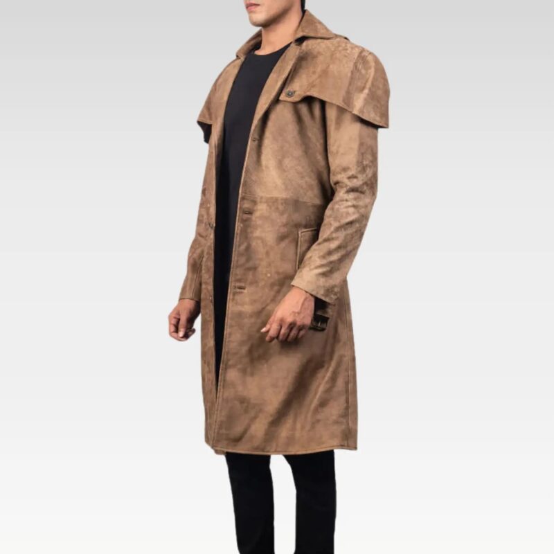 Side angle view of Deux brown suede duster coat showing smooth suede texture and open hem cuffs.