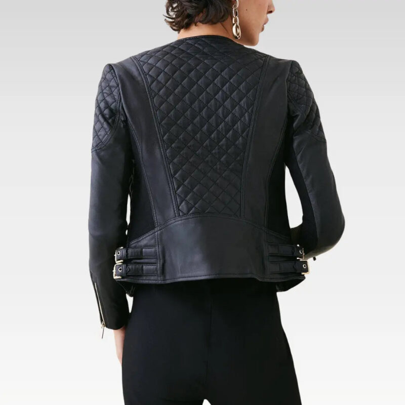 Back view of the Diamond quilted leather moto jacket featuring diamond quilting pattern and tailored fit.