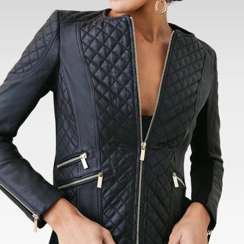 Model wearing the Diamond quilted leather moto jacket open in front, paired with a cropped top for a chic modern look.