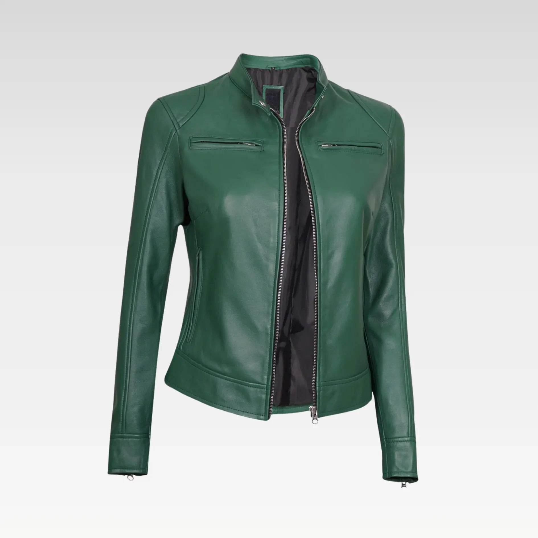 Dodge Women Green Motorcycle Cafe Racer Leather Jacket - Image 3
