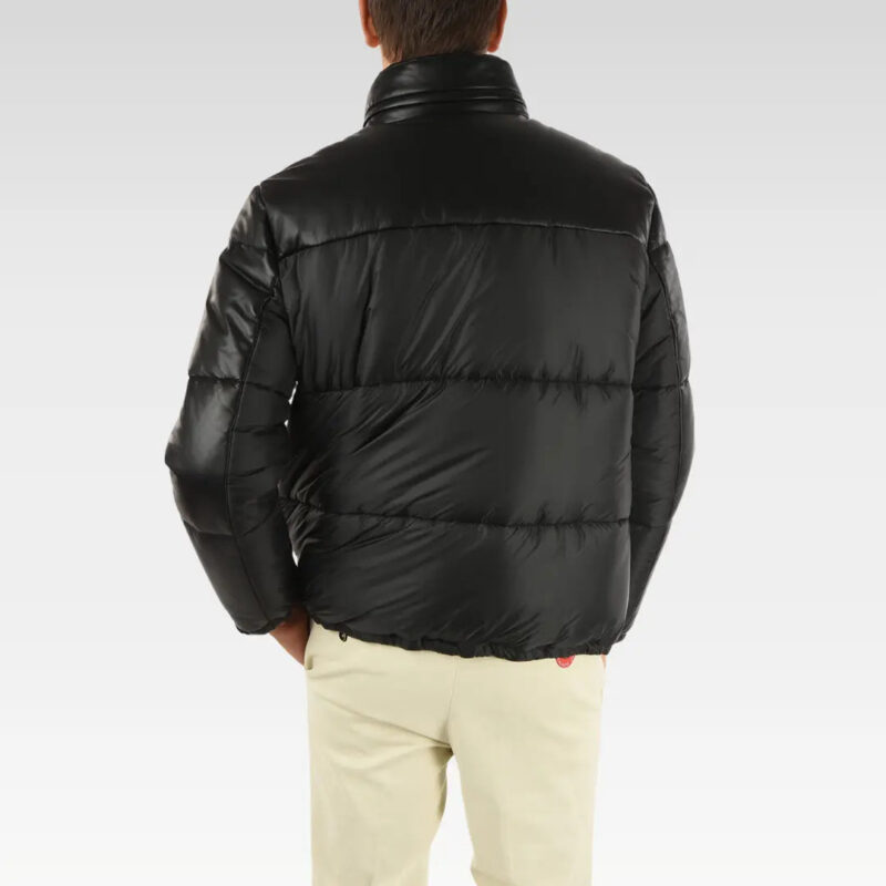 Back view of Drexia Warm Quilted Back Leather Puffer Jacket in black genuine leather, showcasing quilted detailing and relaxed fit.