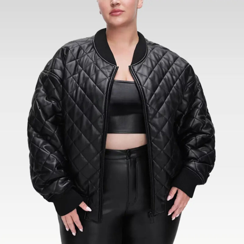 Front view of the Eira Black Leather Quilted Bomber Jacket with arms down, highlighting the rib-knit details and quilted design.