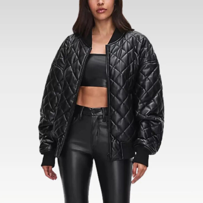 Front close-up of the Eira Black Leather Quilted Bomber Jacket highlighting the sleek quilted texture and bomber collar.
