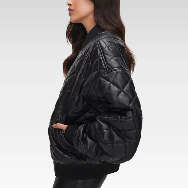 Side view of the Eira Black Leather Quilted Bomber Jacket showing the dropped shoulders and relaxed fit.