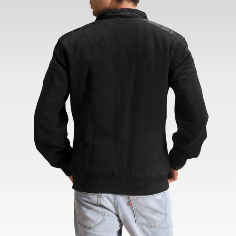Back right angle view of the Ethan Hybrid Suede Bomber Jacket in black, emphasizing its premium leather construction and functional pockets, great for a modern wardrobe.