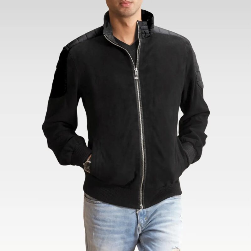 Front view of the Ethan Hybrid Suede Bomber Jacket in black, featuring premium goatskin leather, a sleek zipper closure, and a high neck collar, perfect for casual and polished styles.