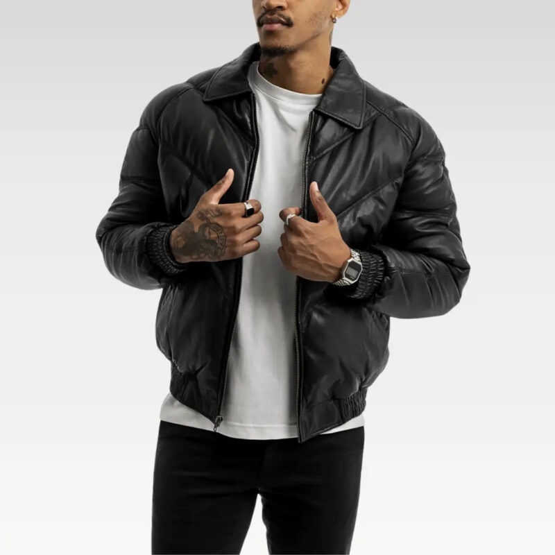 Front open view of Ezra Men’s Puffer Leather Jacket featuring removable collar, front zipper with snap closure, and sleek bomber silhouette.
