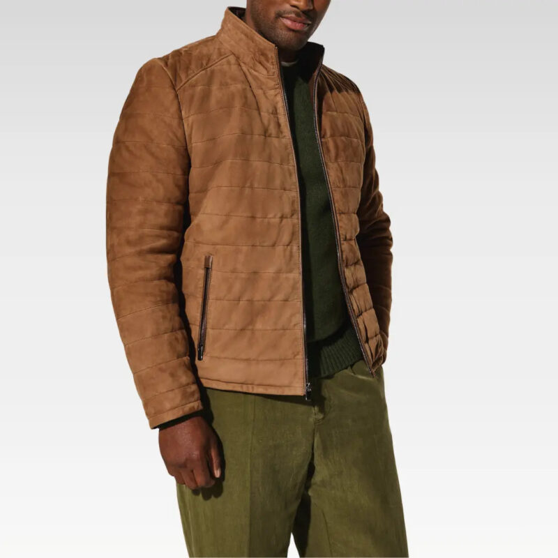 Angled front view of the Gavin Quilted Suede Leather Jacket, highlighting its soft lambskin suede texture and versatile, lightweight warmth.