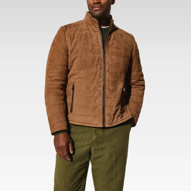 Front view of the Gavin Quilted Suede Leather Jacket, made from premium lambskin suede with a timeless quilted pattern and easy zip closure.