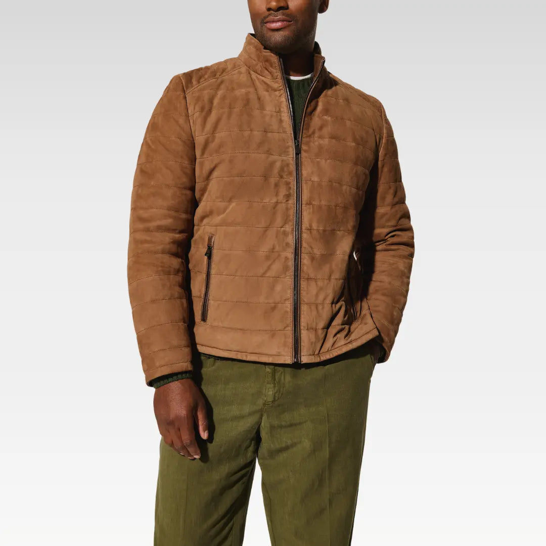 Front view of the Gavin Quilted Suede Leather Jacket, made from premium lambskin suede with a timeless quilted pattern and easy zip closure.