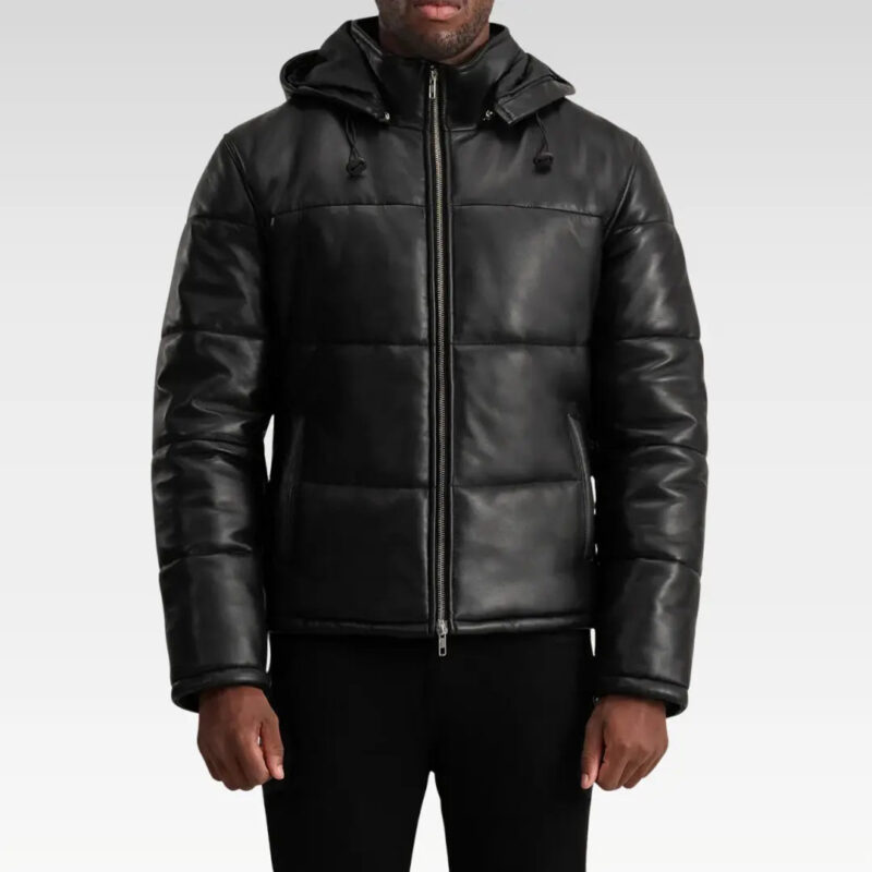 Front view of the Gordon Black Hooded Leather Puffer Jacket displaying its sleek silhouette, high-neck collar, and removable hood.