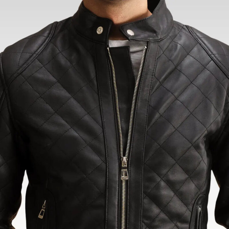 Close-up front view of Henry Quilted Black Leather Jacket showing quilted texture, zipper closure, and band collar.