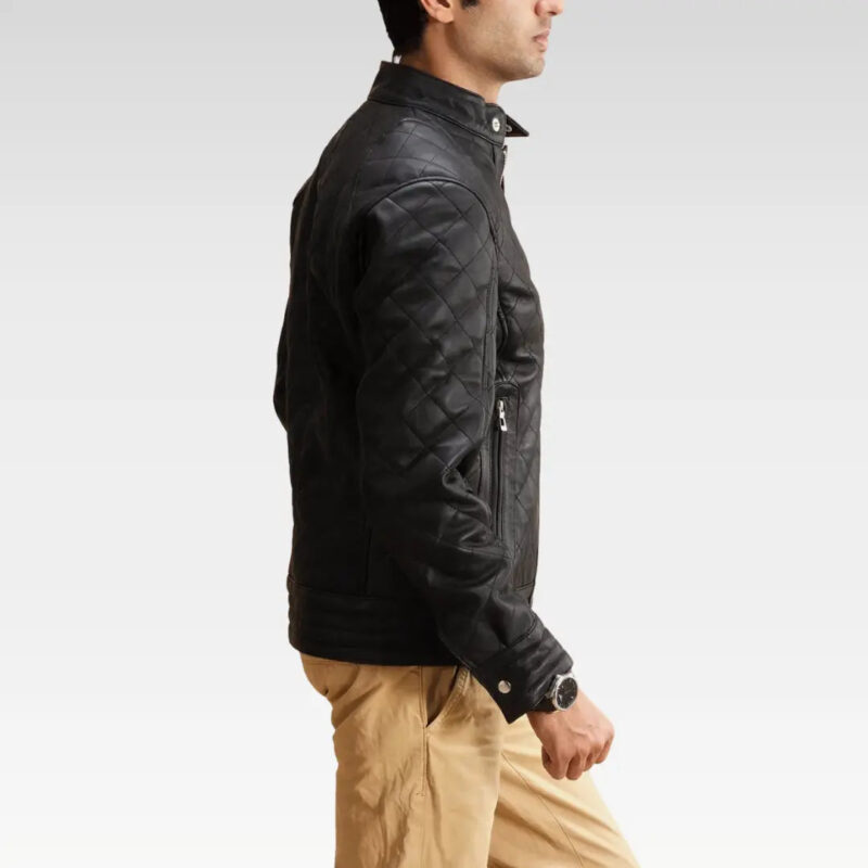 Side profile of Henry Quilted Black Leather Jacket showing slim fit, band collar, and snap button cuffs.