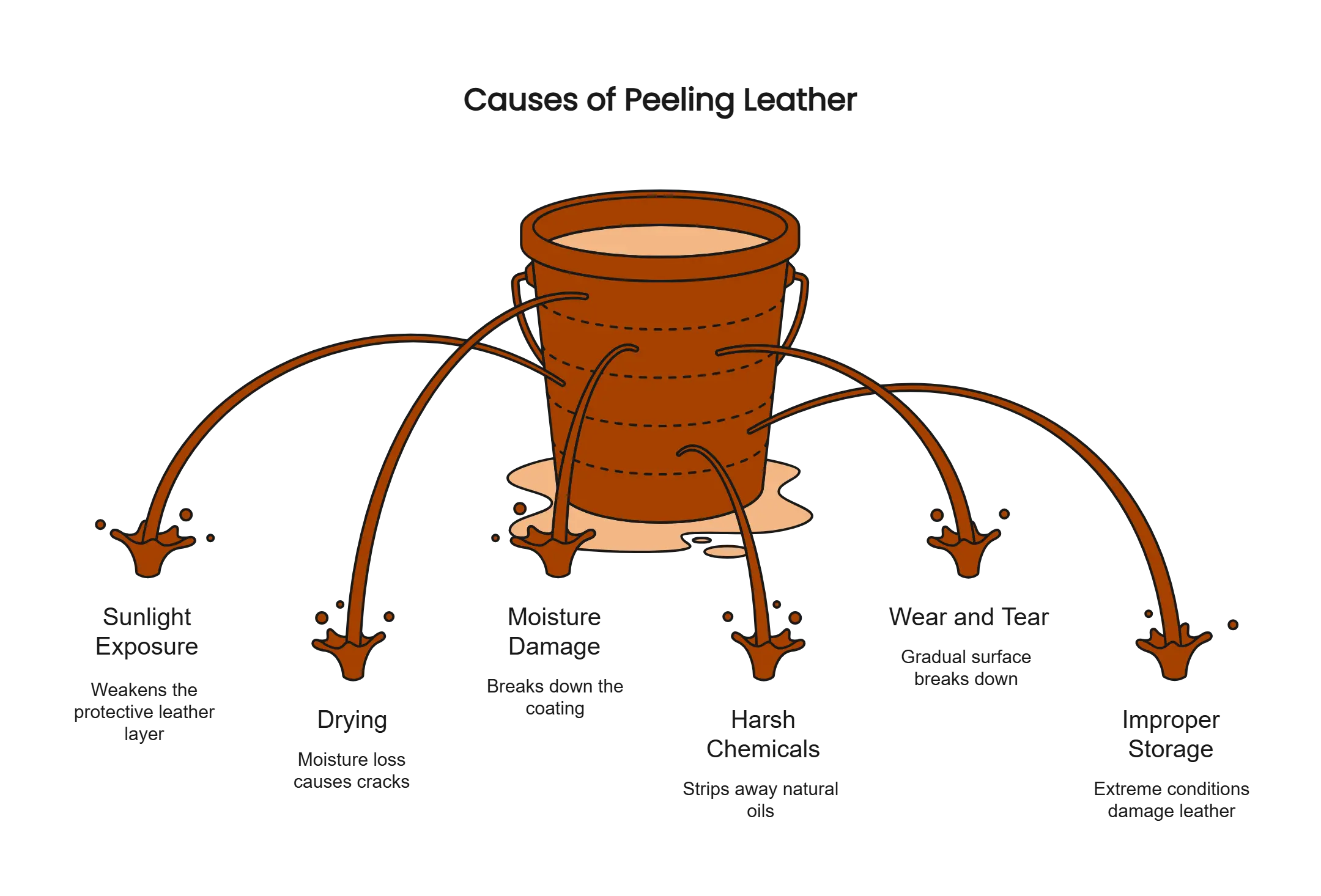 Diagram showing common causes of peeling leather such as sunlight, drying, moisture, heat, wear and tear, and improper cleaning.