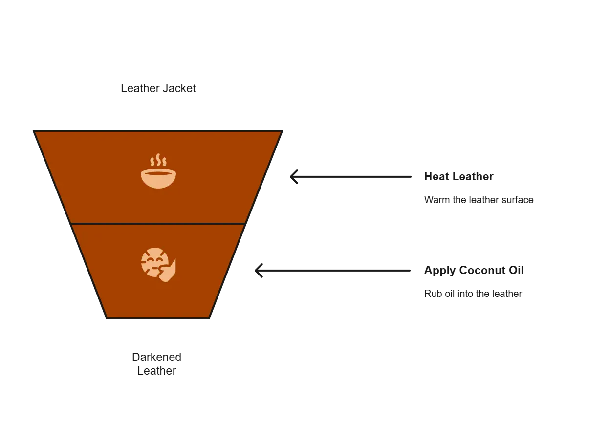 Funnel infographic showing how to soften leather jackets naturally with coconut oil—heat leather surface, apply oil, and rub in for smooth, flexible results.